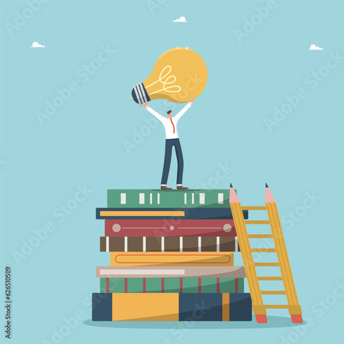 Learning and obtaining new knowledge to create innovations, development of intellect and logic to search for new opportunities, wisdom to achieve goals and success, man stands on books with light bulb