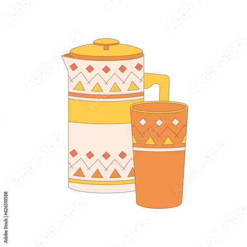 Teapot, teapot, mug, cap. Drawn elements for camping and hiking. Wilderness survival, travel, hiking, outdoor recreation, tourism.