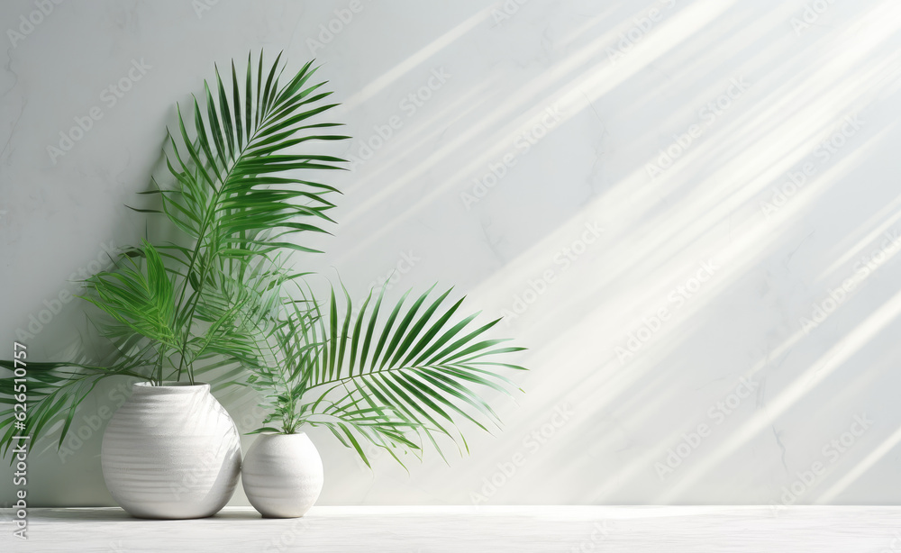 Palm leaves cast shadow from white marble, in the style of bokeh panorama, modern, realistic landscapes with soft edges, kitchen still life, light emerald and gray, flat perspective Palm leaves cast shadow from white marble, in the style of bokeh panorama, modern, realistic landscapes with soft edges, kitchen still life, light emerald and gray, flat perspective