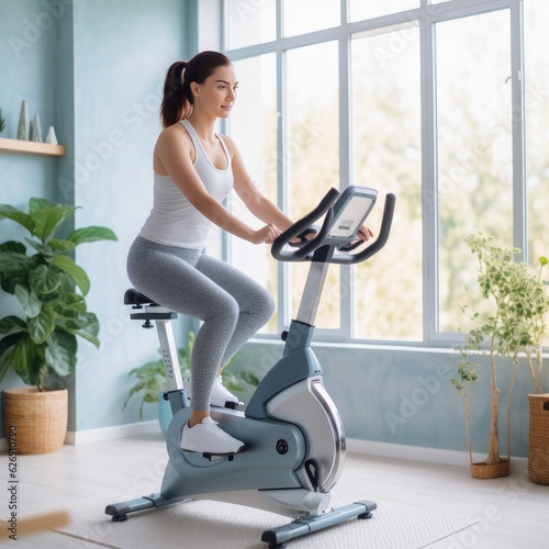 young female on an exercise bike. Weight loss concept photo