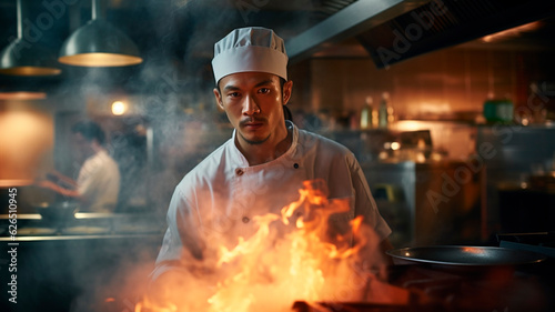 Obraz na płótnie chef in an Asian restaurant kitchen, with flames and smoke rising from the gas stove
