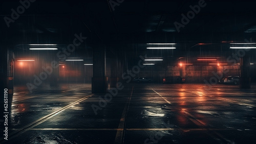 A dimly lit basement parking area or underpass alley during midnight hours. The asphalt is wet and hazy, with lights lining the sidewalls. Generative AI