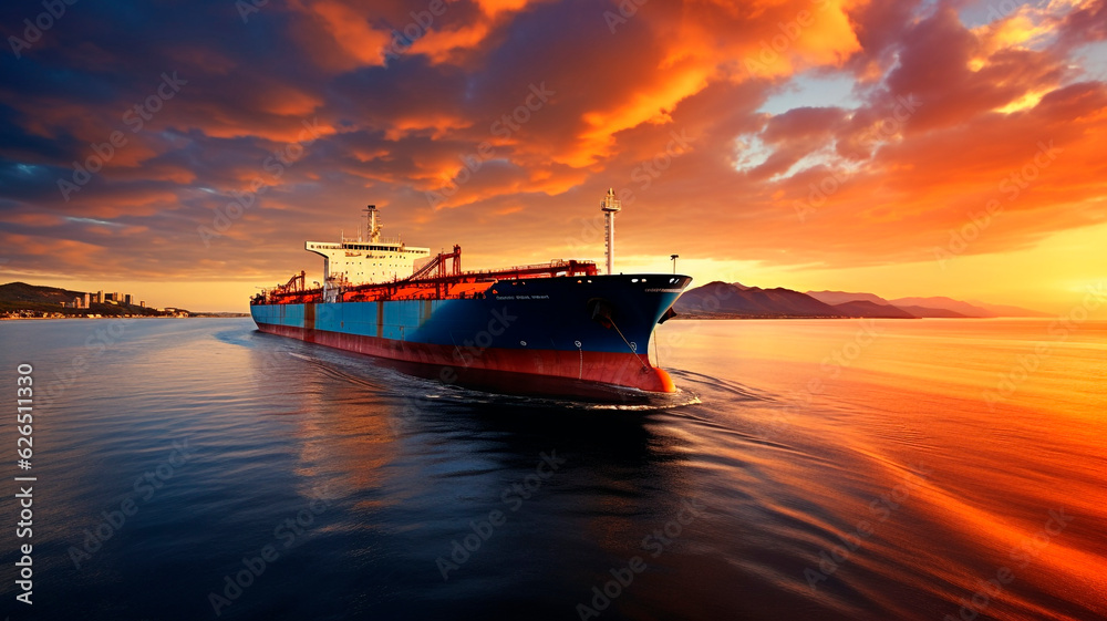 An oil tanker navigating through the seas during the twilight or sunset, serving as the essential pillar of worldwide trade and logistics. Generative AI An oil tanker navigating through the seas during the twilight or sunset, serving as the essential pillar of worldwide trade and logistics. Generative AI