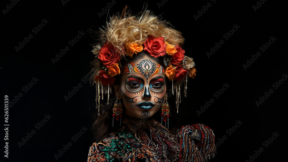 Frau Gesicht Totenkopf bemalt spanische Religion für Dia de los Muertos, ai generativ Frau Gesicht Totenkopf bemalt spanische Religion für Dia de los Muertos, ai generativ