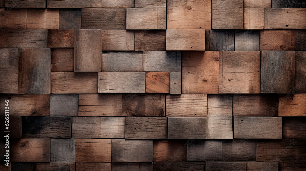 Old wood wall consisting of thick wooden blocks. Rustic wood abstract background. Generative AI Old wood wall consisting of thick wooden blocks. Rustic wood abstract background. Generative AI