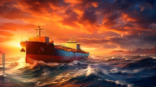 An oil tanker navigating through the seas during the twilight or sunset, serving as the essential pillar of worldwide trade and logistics. Generative AI