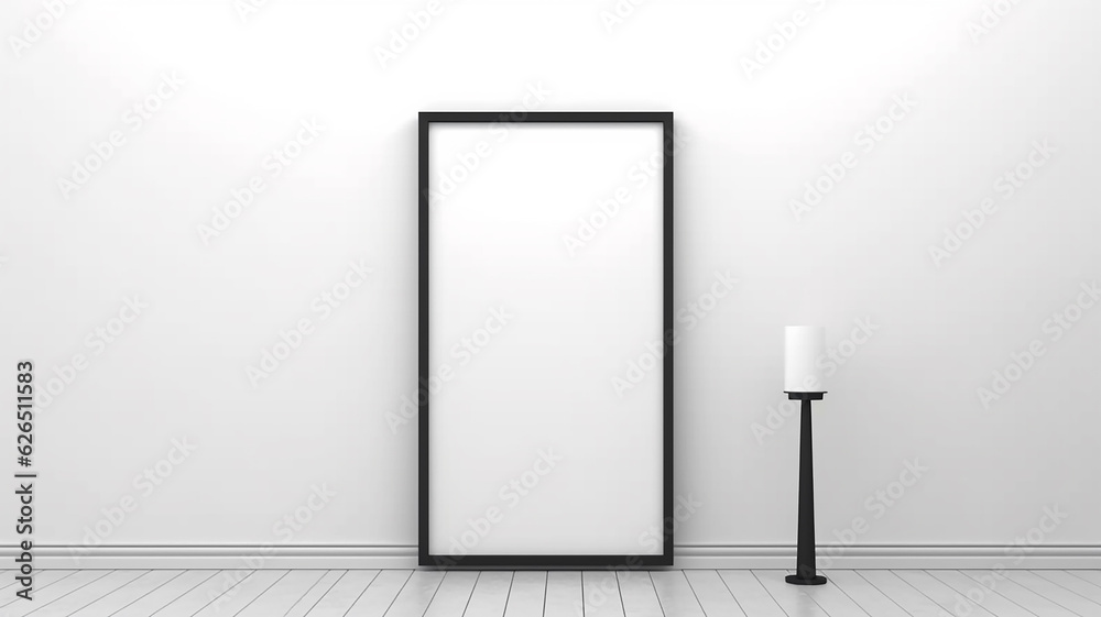 the interior is an empty wall with a thin black narrow frame inside an empty white background. the interior is an empty wall with a thin black narrow frame inside an empty white background.