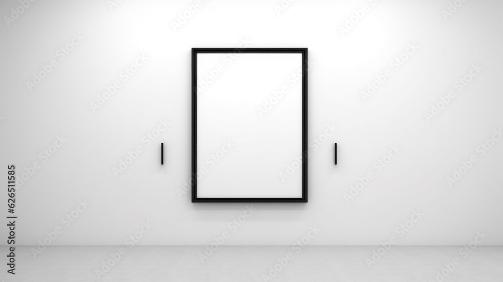 the interior is an empty wall with a thin black narrow frame inside an empty white background. the interior is an empty wall with a thin black narrow frame inside an empty white background.