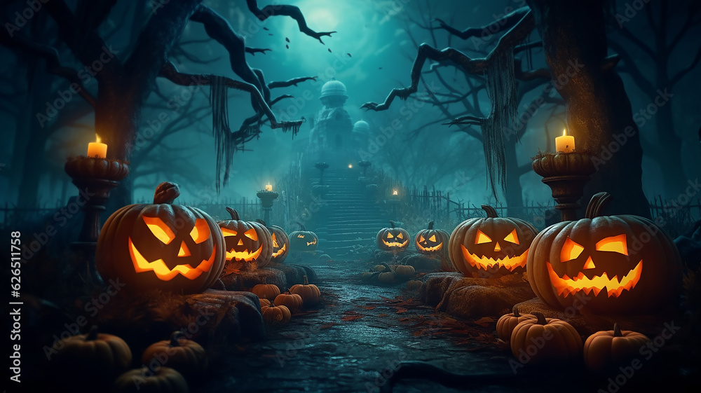 Naklejka premium halloween background mysterious forest with pumpkins burning eyes.