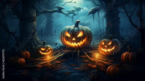 halloween background mysterious forest with pumpkins burning eyes.