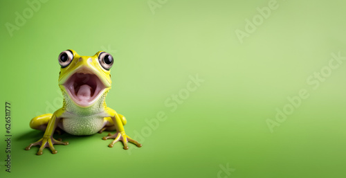 Frog or toad with shocked surprised expression, large eyes. Wide banner with copy space on side. Generative AI