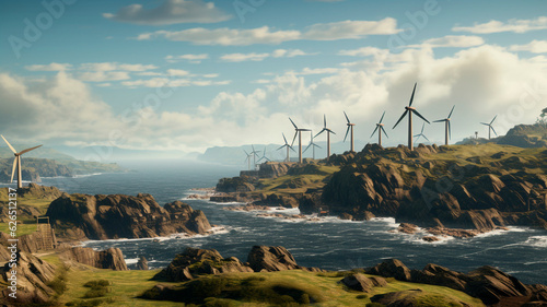 Wind turbines on a rocky island. Generative AI
