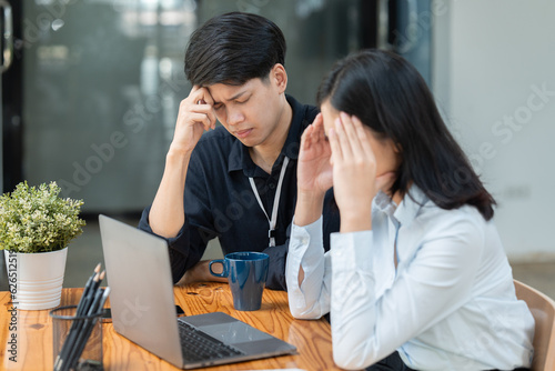 Frustrated, confused and stress with team, office worker headache with meeting results.