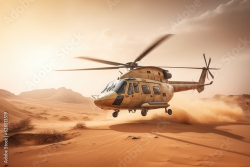 a military helicopter landing in a desert