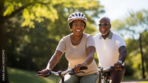 Old black couple biking in the park