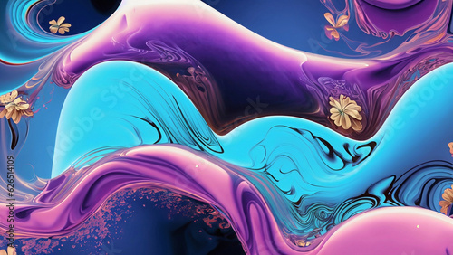  A visually stunning image with fluid dynamics, colorful and vibrant patterns of flowing liquids, and combining them with elements like flowers or butterflies, creating graceful and mesmerizing visual