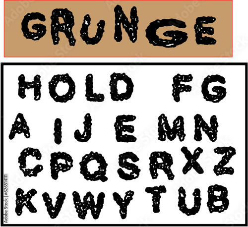 Bold font. Grunge alphabet. Black and white color.