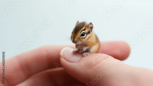 the smallest chipmunk in the palm of your hand. . the concept of nature protection on a white background