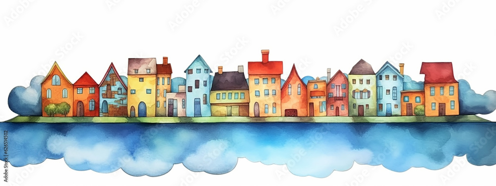 a row of multi-colored houses with a reflection of a watercolor drawing of clouds on a white background.