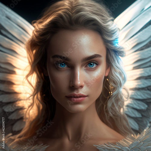 beautiful blond female angel with blue eyes and white wings