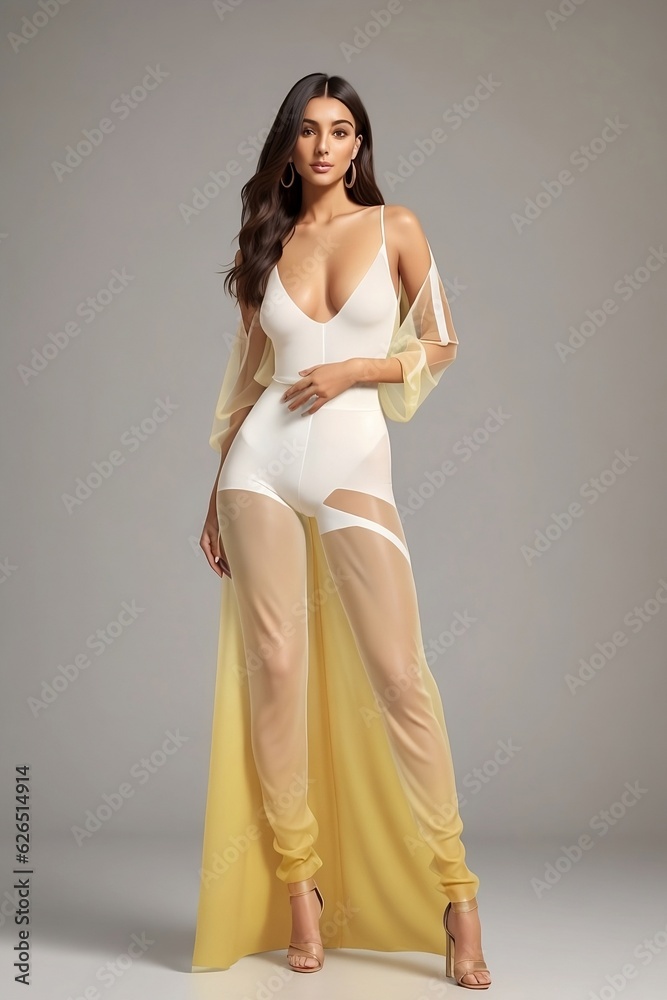 A Portrait of a Woman in a Yellow and White Dress, Radiating Warmth and Elegance A Portrait of a Woman in a Yellow and White Dress, Radiating Warmth and Elegance