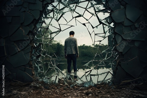 Surreal Photography of a person with a broken mirror , symbolize inner turmoil. Generative AI photo