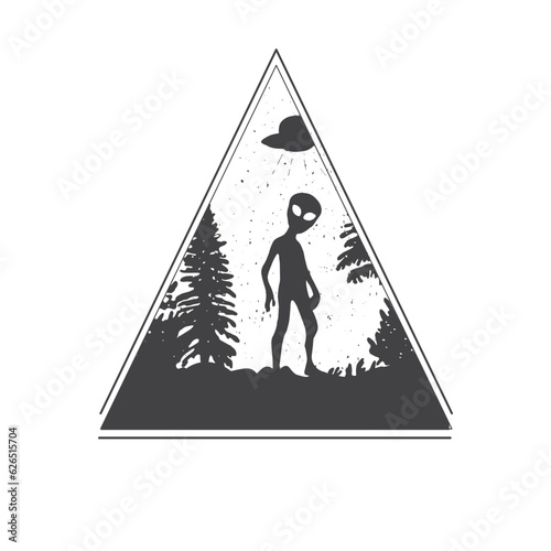 landscape with ufo vector sketch. landscape with alien vector silhouette