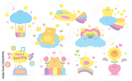 Fototapeta Naklejka Na Ścianę i Meble -  cute happy kawaii sweet pastel hand drawn cartoon vector set for decorating your artwork