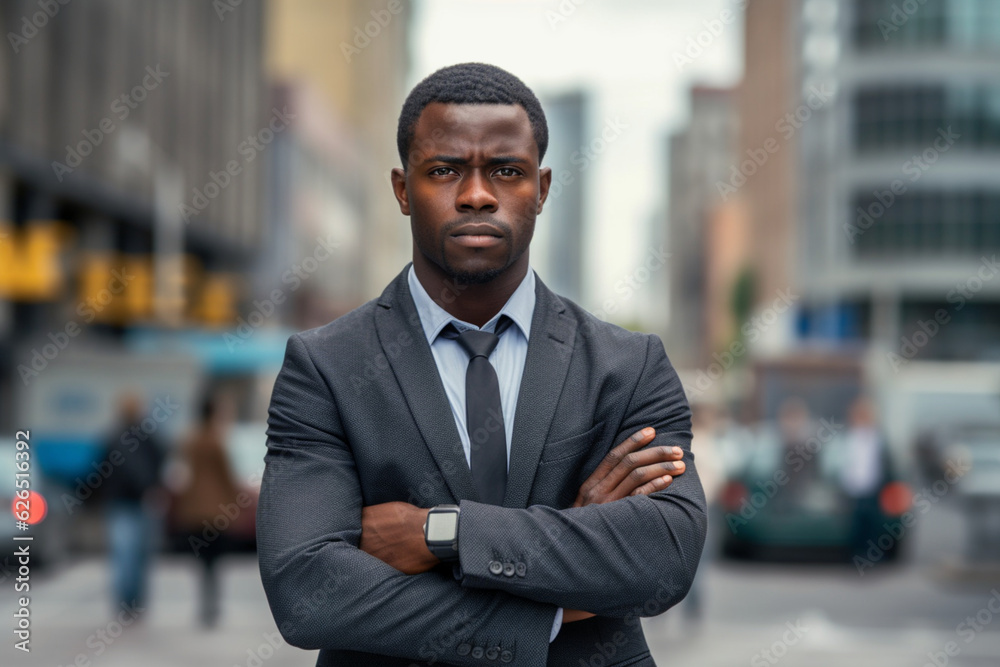 Business man standing with arms crossed, looking confident and proud in the city alone, Portrait of a black male entrepreneur or worker showing vision, ambition and success with arms folded downtown