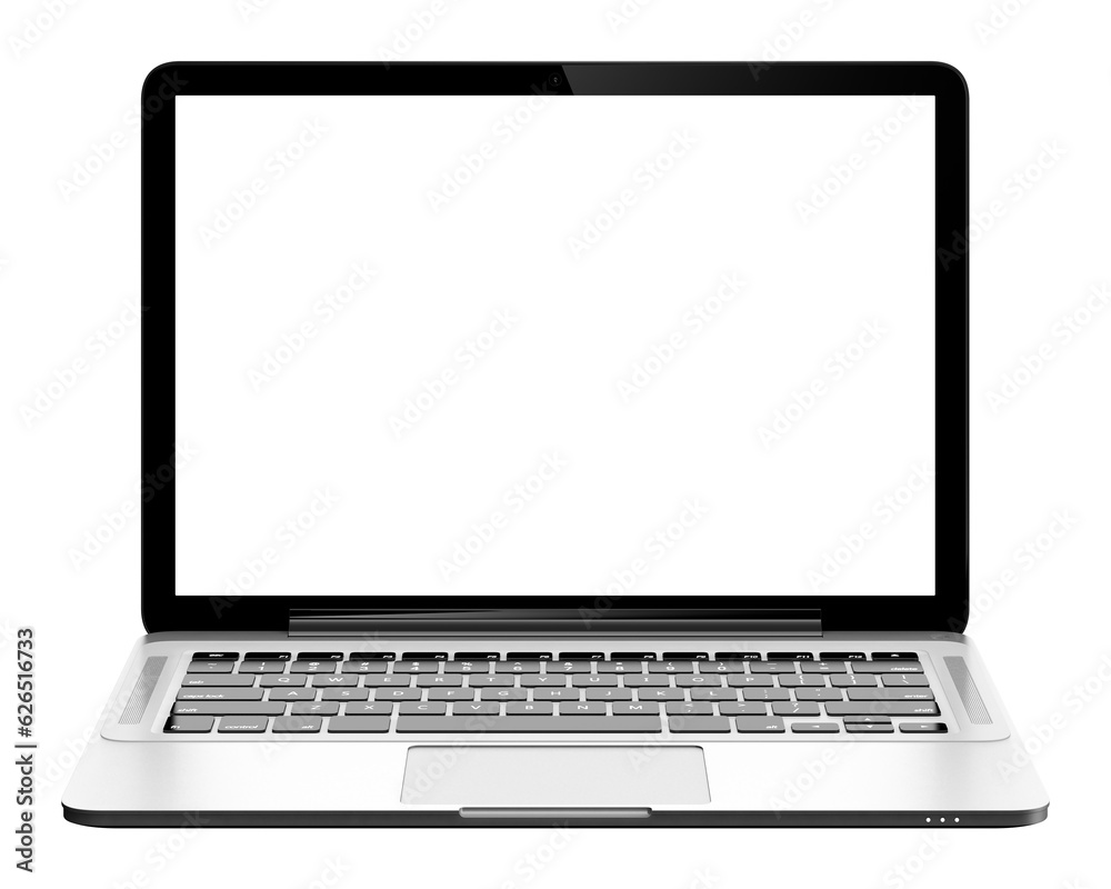 3D image of modern laptop with blank screen isolated on transparent background