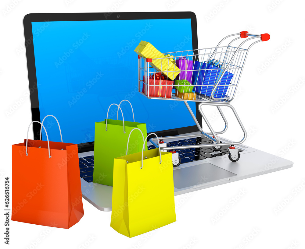 Laptop with shopping bags, shopping cart, and gift boxes isolated on transparent background. Electronic commerce concept. Laptop with shopping bags, shopping cart, and gift boxes isolated on transparent background. Electronic commerce concept.