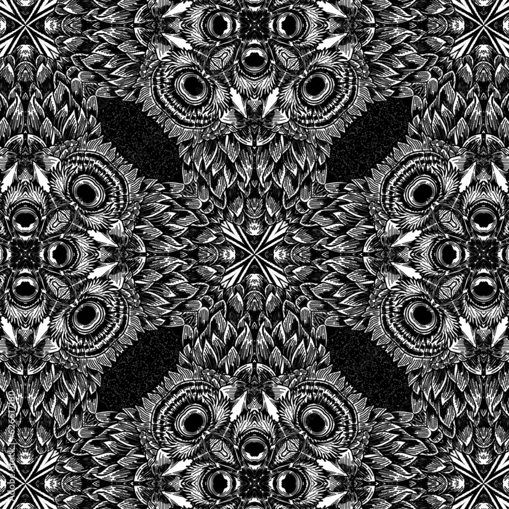 black and white owl seamless pattern