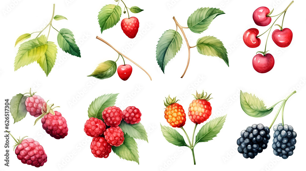 set of different berries on white background