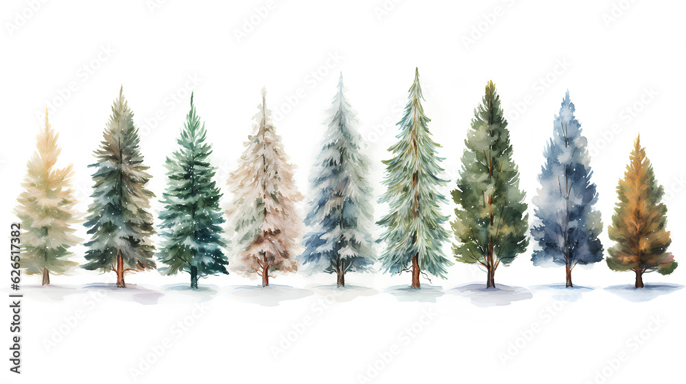 watercolor winter forest with trees and pine