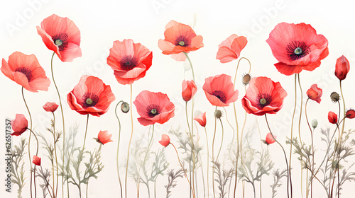 red poppy flowers on white background. 