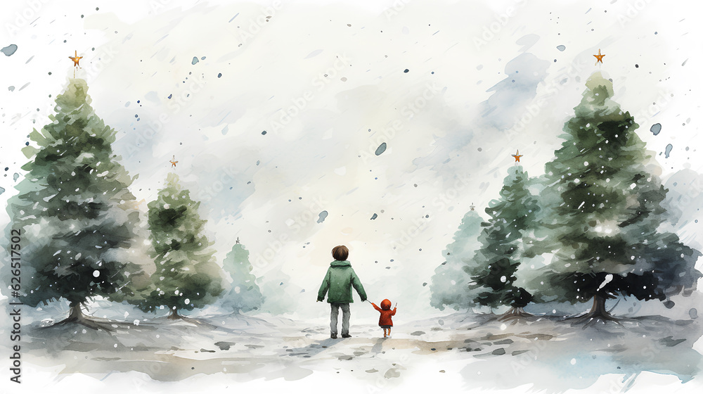 watercolor winter illustration, christmas background
