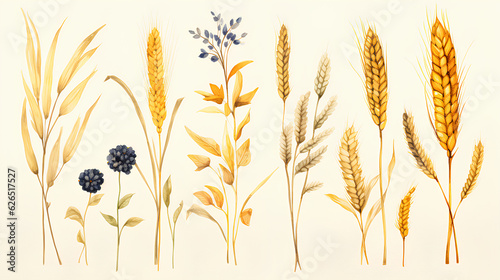 watercolor set of wheat ears.