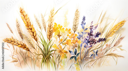 watercolor painting of bouquet of wild flowers and wheat on white background. 