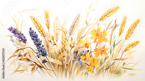 watercolor flowers and ears of wheat.