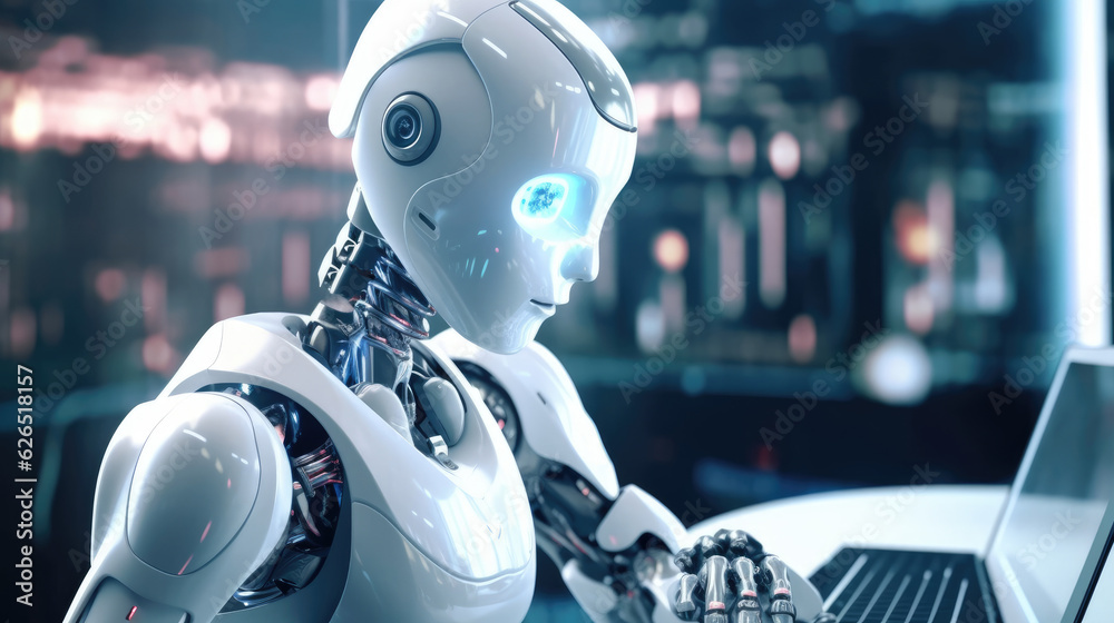 Robot analyzing data with AI virtual environment Robot analyzing data with AI virtual environment