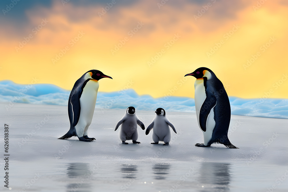 Fototapeta premium Parent and baby penguins. Parents love, bond and parenting concept.