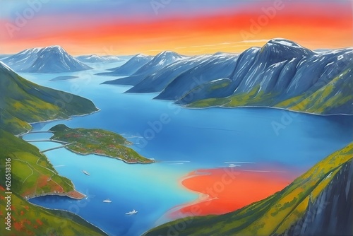 Watercolor Norway Fjord landscape. Ai generated illustration