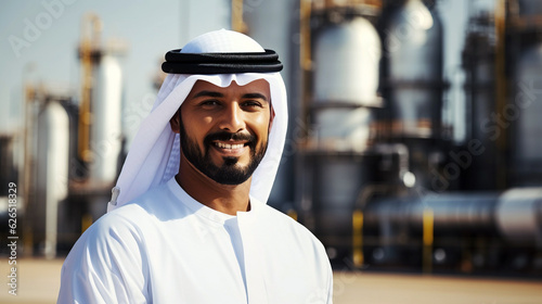Arab businessman, oil refinery in the background