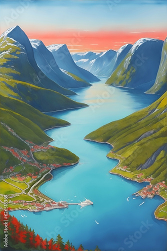 Watercolor Norway Fjord landscape. Ai generated illustration