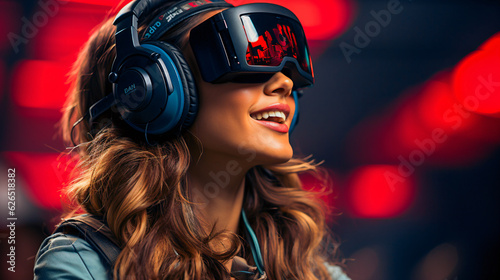 woman wearing modern vr headset for play in virtual reality