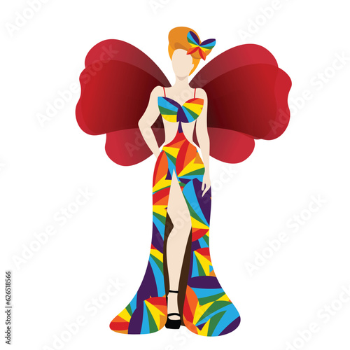 An elegant drag queen in abstract rainbow colourful dress with red butterfly shape wings for LGBTQ+ concept and for equality and diversity supporting. Vector illustration on white background