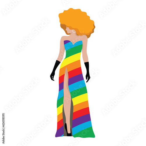 A beautiful and confident drag queen in colourful rainbow dress with orange wig for LGBTQ+ concept and for equality and diversity supporting. Vector illustration flat charactor on white background
