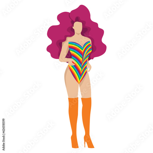 A confident drag queen in rainbow leotard with dark pink wig and orange shoes for LGBTQ+ concept and for equality and diversity supporting. Vector illustration flat charactor on white background