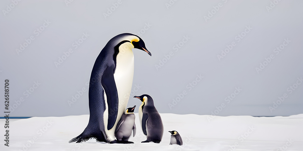 Obraz premium Dad or mom and baby penguins. Father love, bond and parenting concept.
