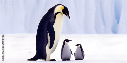 Dad or mom and baby penguins. Father love  bond and parenting concept.